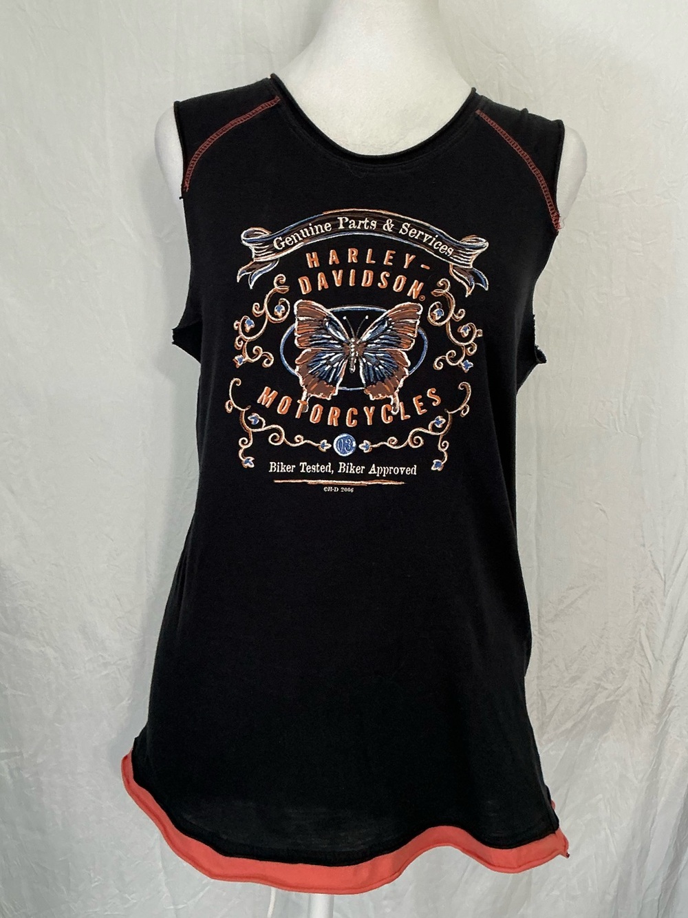 Harley-Davidson Black Tank Top with Coral Trim & Butterfly Graphic